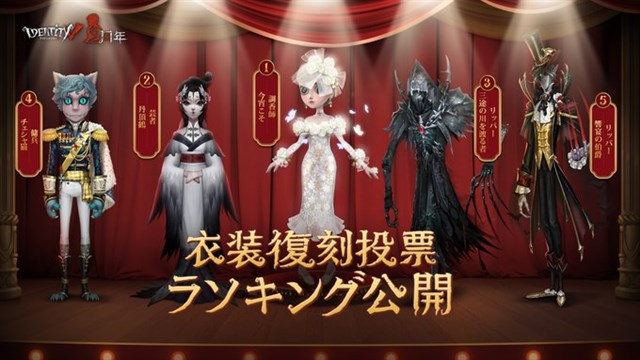 【Identity V】衣装復刻投票の上位5衣装を再販、App Store売上26位→2位